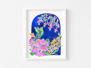 "Hummingbird Garden" Art Print: Bird and Flowers Giclee Print from Jean Choe Art & Design - Giclée