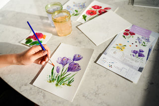 Painting a purple crocus with the Wildflowers Watercolor Fun Kit