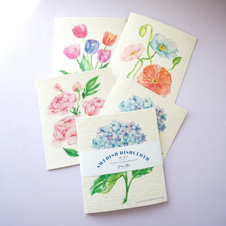 4 - Pack Garden Flowers Swedish Dishcloth: Washable Kitchen Cloths from Jean Choe Art & Design - Reusable Paper Towels