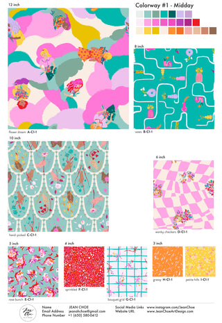 Pattern design collection of whimsical and colorful repeat patterns inspired by flower shop