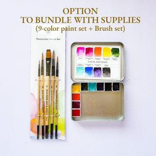 An art supplies bundle option featuring a 9-color watercolor paint set in a metal tin and a brush set in a card holder, displayed on a white background with text reading 'OPTION TO BUNDLE WITH SUPPLIES (9-color paint set + Brush set)'.