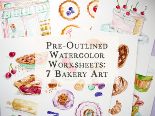 Bakery Watercolor Pages – 7 Pre-Outlined Cotton Sheets