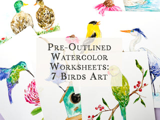 Birds Watercolor Pages – 7 Pre-Outlined Cotton Sheets