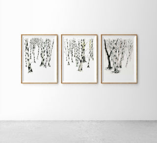 "Birch Forest 2" Art Print: Serene Winter Watercolor from Jean Choe Art & Design - Giclée