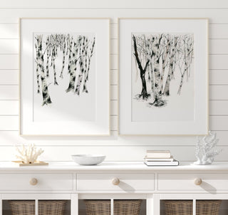 "Birch Forest 2" Art Print: Serene Winter Watercolor from Jean Choe Art & Design - Giclée