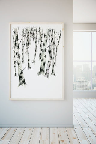 "Birch Forest 2" Art Print: Serene Winter Watercolor from Jean Choe Art & Design - Giclée