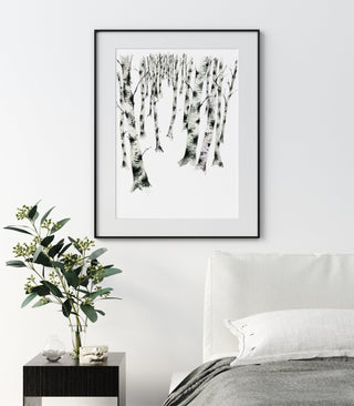 "Birch Forest 2" Art Print: Serene Winter Watercolor from Jean Choe Art & Design - Giclée