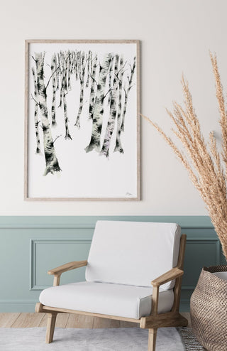 "Birch Forest 2" Art Print: Serene Winter Watercolor from Jean Choe Art & Design - Giclée