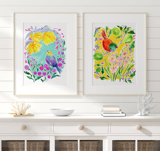 "Bird Over Lime Branches" Art Print: Sunny Botanical Art from Jean Choe Art & Design - Giclée