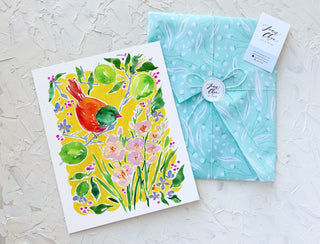 "Bird Over Lime Branches" Art Print: Sunny Botanical Art from Jean Choe Art & Design - Giclée