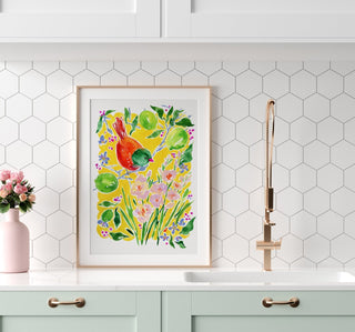 "Bird Over Lime Branches" Art Print: Sunny Botanical Art from Jean Choe Art & Design - Giclée