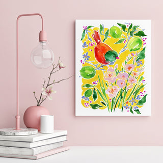 "Bird Over Lime Branches" Art Print: Sunny Botanical Art from Jean Choe Art & Design - Giclée