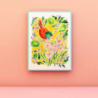 "Bird Over Lime Branches" Art Print: Sunny Botanical Art from Jean Choe Art & Design - Giclée