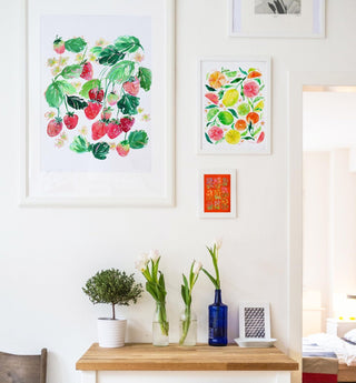 "Blushing Berries" Art Print: Strawberry Wall Art for Kitchen/ Dining Room Decor from Jean Choe Art & Design - Giclée
