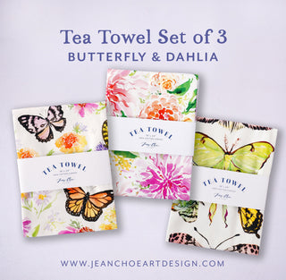 Butterfly & Dahlia Tea Towel Set of 3: Various Butterflies and Flowers from Jean Choe Art & Design - Kitchen & Tea Towels