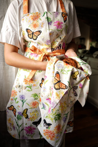 Butterfly Garden Cotton Apron with Pocket: Floral Kitchen Apron from Jean Choe Art & Design - Aprons