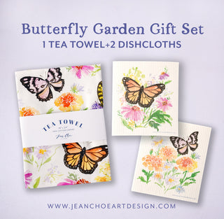 Butterfly Garden Kitchen Gift Set: 1 Tea Towel & 2 Swedish Dishcloths from Jean Choe Art & Design - Kitchen & Tea Towels