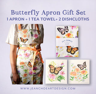 Butterfly Kitchen Apron Gift Set: 1 Apron, 1 Tea Towel & 2 Swedish Dishcloths from Jean Choe Art & Design - Kitchen & Tea Towels