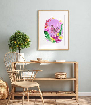 "Butterfly & Pink Bananas" Art Print: Rainforest - Inspired Tropical Art from Jean Choe Art & Design - Giclée