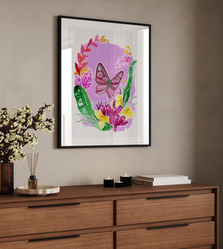 "Butterfly & Pink Bananas" Art Print: Rainforest - Inspired Tropical Art from Jean Choe Art & Design - Giclée