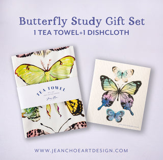 Butterfly Study Kitchen Gift Set: 1 Tea Towel & 1 Swedish Dishcloth from Jean Choe Art & Design - Kitchen & Tea Towels