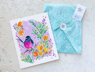 "California Poppies Dreaming" Art Print: Colorful Bird Art from Jean Choe Art & Design - Giclée