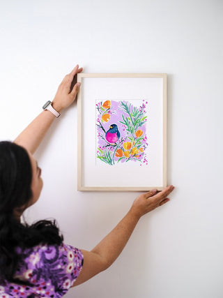 "California Poppies Dreaming" Art Print: Colorful Bird Art from Jean Choe Art & Design - Giclée