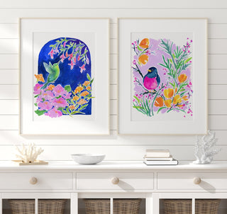 "California Poppies Dreaming" Art Print: Colorful Bird Art from Jean Choe Art & Design - Giclée