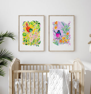 "California Poppies Dreaming" Art Print: Colorful Bird Art from Jean Choe Art & Design - Giclée