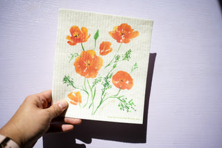 California Poppy Swedish Dishcloth: Eco - Friendly & Reusable Kitchen Cloth from Jean Choe Art & Design