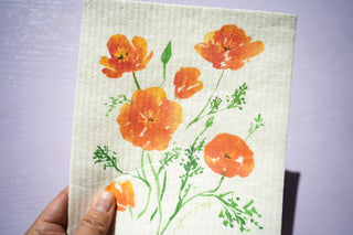 California Poppy Swedish Dishcloth: Eco - Friendly & Reusable Kitchen Cloth from Jean Choe Art & Design
