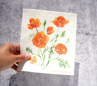 California Poppy Swedish Dishcloth: Eco - Friendly & Reusable Kitchen Cloth from Jean Choe Art & Design