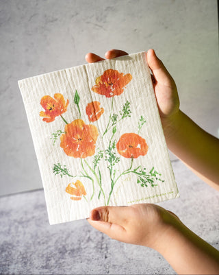 California Poppy Swedish Dishcloth: Eco - Friendly & Reusable Kitchen Cloth from Jean Choe Art & Design