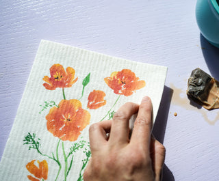 California Poppy Swedish Dishcloth: Eco - Friendly & Reusable Kitchen Cloth from Jean Choe Art & Design