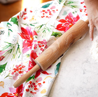 Christmas Gift Set: Poinsettia Apron, Tea Towel, & Greeting Card from Jean Choe Art & Design - Aprons