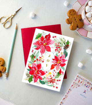 Christmas Gift Set: Poinsettia Apron, Tea Towel, & Greeting Card from Jean Choe Art & Design - Aprons
