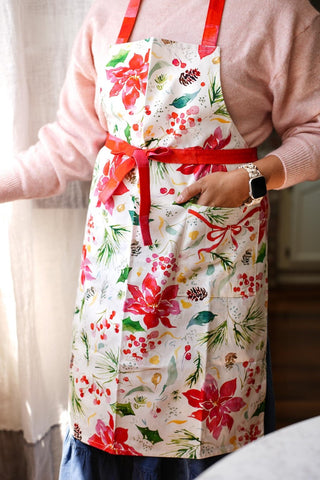 Christmas Gift Set: Poinsettia Apron, Tea Towel, & Greeting Card from Jean Choe Art & Design - Aprons