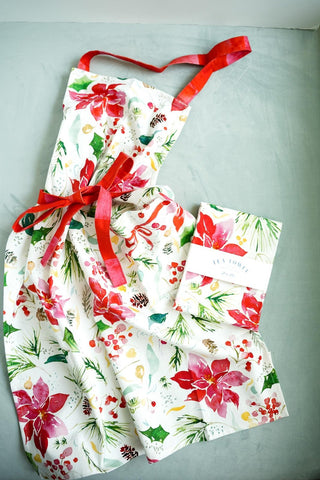 Christmas Gift Set: Poinsettia Apron, Tea Towel, & Greeting Card from Jean Choe Art & Design - Aprons