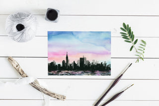 "City Above Water" Art Print: Twilight Cityscape from Jean Choe Art & Design - Watercolor