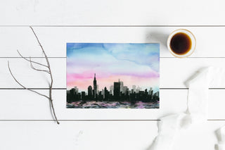 "City Above Water" Art Print: Twilight Cityscape from Jean Choe Art & Design - Watercolor