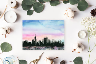 "City Above Water" Art Print: Twilight Cityscape from Jean Choe Art & Design - Watercolor