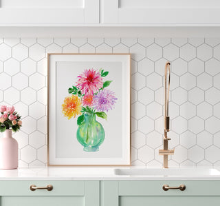 "Dahlia Dazzles" Watercolor Art Print: Flower Vase Wall Art from Jean Choe Art & Design - Giclée