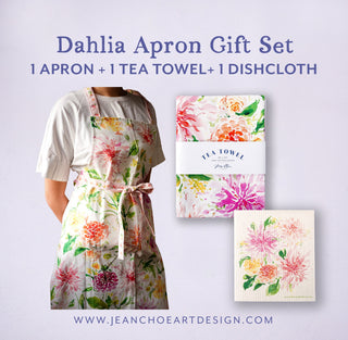 Dahlia Kitchen Apron Gift Set: 1 Apron, 1 Tea Towel & 1 Swedish Dishcloth from Jean Choe Art & Design - Kitchen & Tea Towels