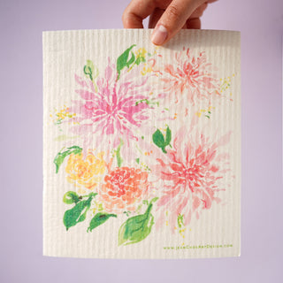 Dahlia Kitchen Gift Set: 1 Tea Towel & 1 Swedish Dishcloth from Jean Choe Art & Design - Kitchen & Tea Towels