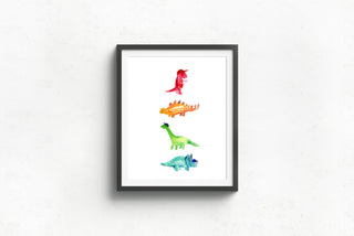 "Dino’s Hats" Art Print: Colorful Watercolor Dinosaurs with Hats from Jean Choe Art & Design - Watercolor