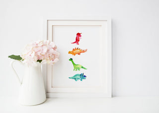 "Dino’s Hats" Art Print: Colorful Watercolor Dinosaurs with Hats from Jean Choe Art & Design - Watercolor
