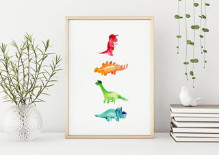 "Dino’s Hats" Art Print: Colorful Watercolor Dinosaurs with Hats from Jean Choe Art & Design - Watercolor