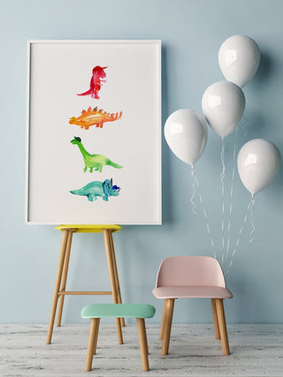"Dino’s Hats" Art Print: Colorful Watercolor Dinosaurs with Hats from Jean Choe Art & Design - Watercolor