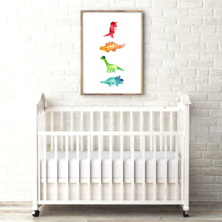 "Dino’s Hats" Art Print: Colorful Watercolor Dinosaurs with Hats from Jean Choe Art & Design - Watercolor