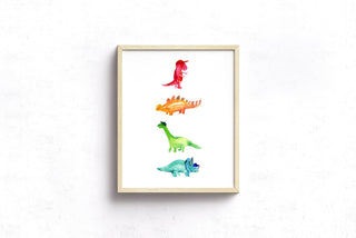 "Dino’s Hats" Art Print: Colorful Watercolor Dinosaurs with Hats from Jean Choe Art & Design - Watercolor